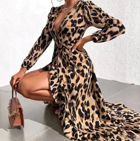 Vestido largo de mujer de leopardo cruzado con cuello en V y mangas largas