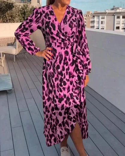 Vestido largo de mujer de leopardo cruzado con cuello en V y mangas largas