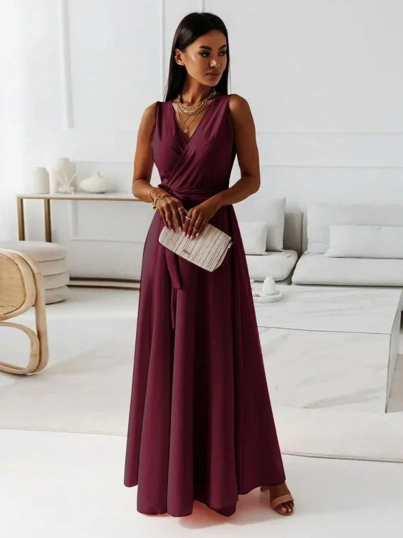 Vestido largo mujer plisado con cinturón y cuello en V