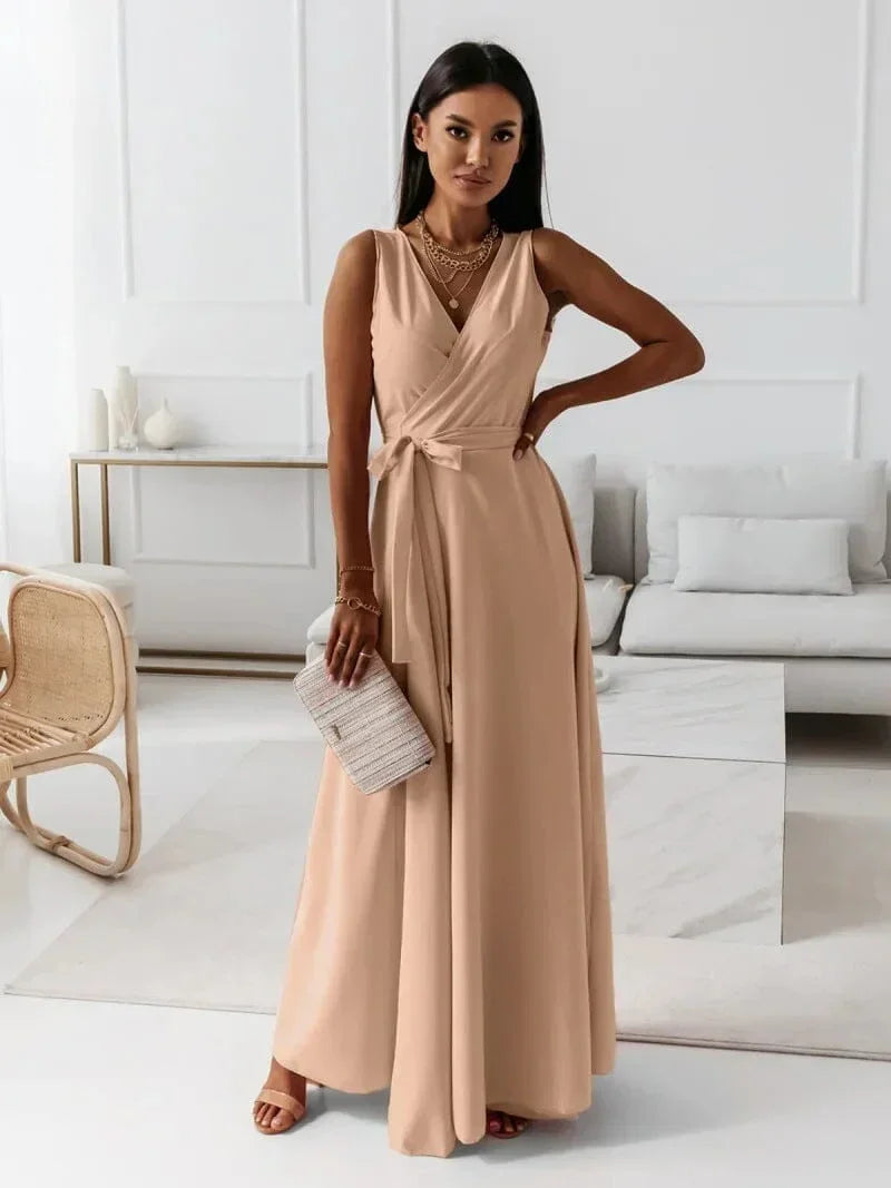 Vestido largo mujer plisado con cinturón y cuello en V