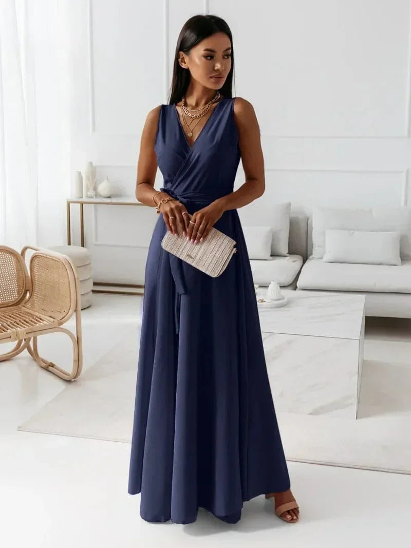 Vestido largo mujer plisado con cinturón y cuello en V