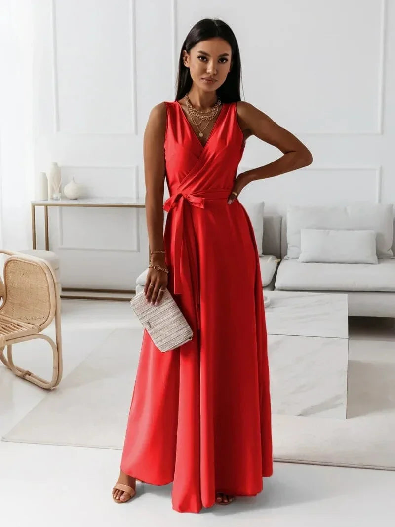 Vestido largo mujer plisado con cinturón y cuello en V