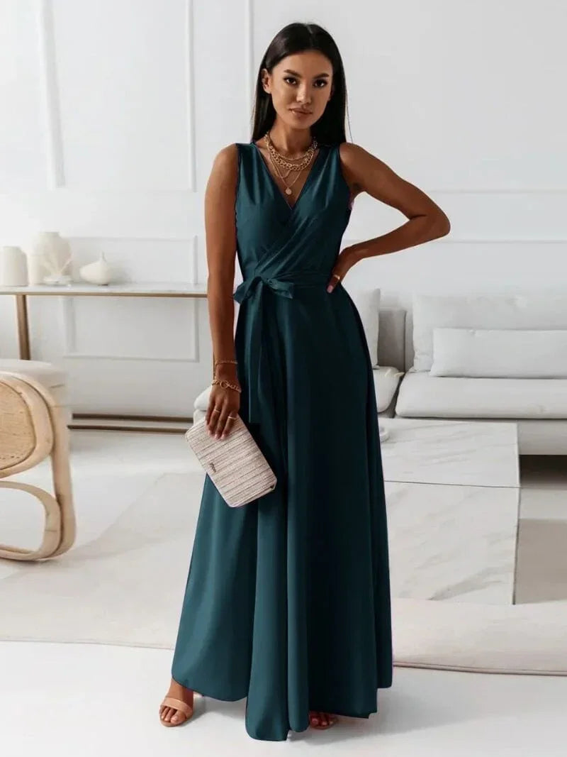 Vestido largo mujer plisado con cinturón y cuello en V