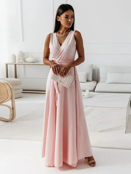 Vestido largo mujer plisado con cinturón y cuello en V
