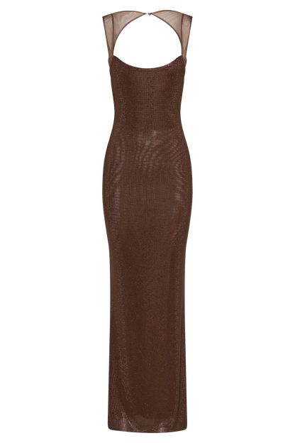 Vestido largo con brillo mujer con tirantes marrones