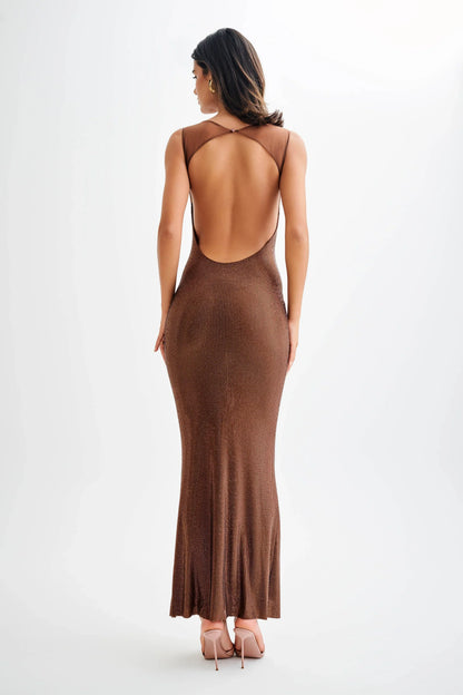 Vestido largo con brillo mujer con tirantes marrones