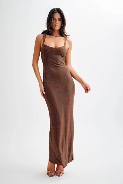 Vestido largo con brillo mujer con tirantes marrones