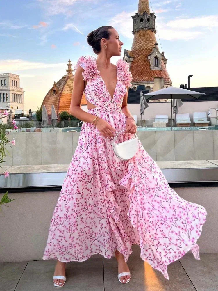 Vestido largo rosa de flores con volantes escote en V cruzado