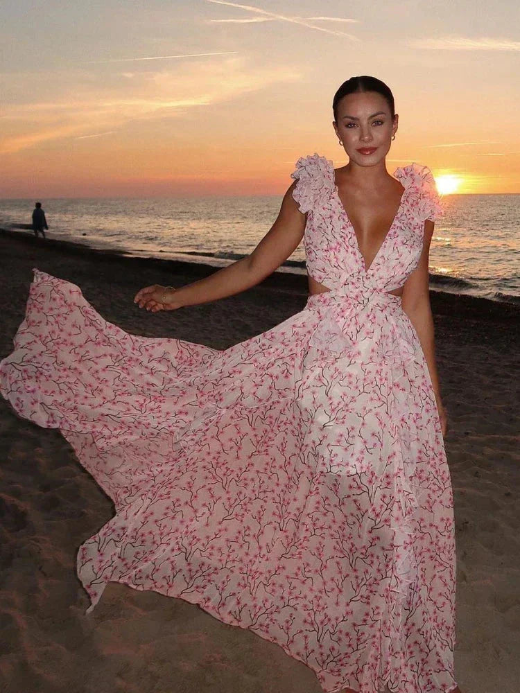 Vestido largo rosa de flores con volantes escote en V cruzado