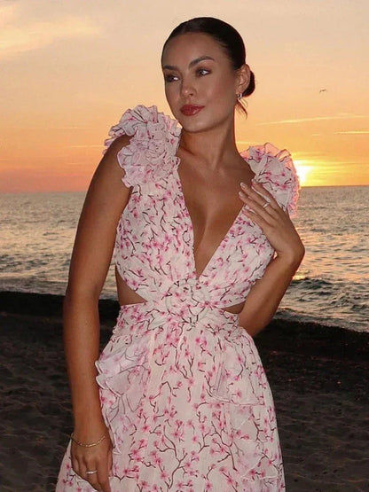Vestido largo rosa de flores con volantes escote en V cruzado
