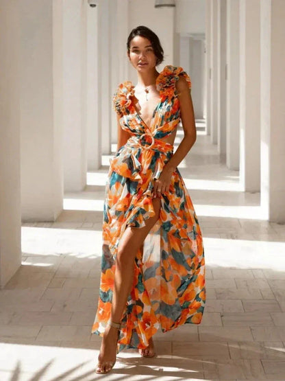 Vestido largo rosa de flores con volantes escote en V cruzado
