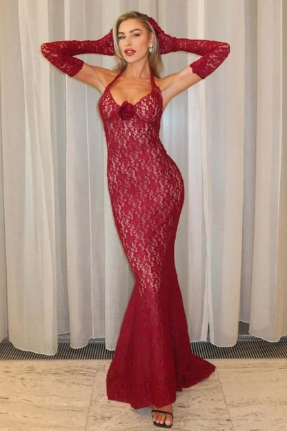 Vestido largo rojo de encaje cuello halter de noche mujer