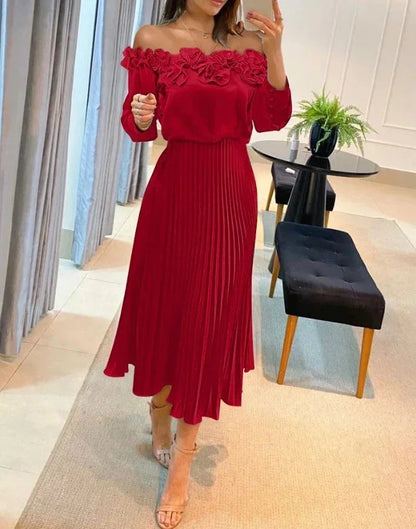Vestido largo rojo Hombros descubiertos con volantes y falda plisada