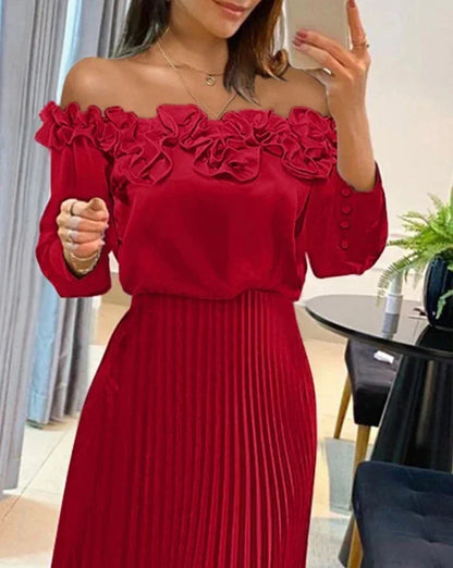 Vestido largo rojo Hombros descubiertos con volantes y falda plisada