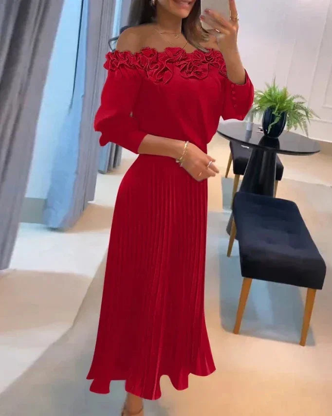 Vestido largo rojo Hombros descubiertos con volantes y falda plisada