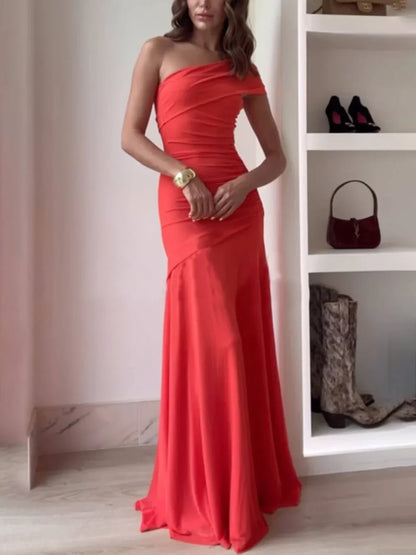 Vestido largo mujer asimétrico fruncido para fiesta elegante