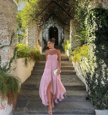 Vestido largo mujer sin tirantes con detalles florales