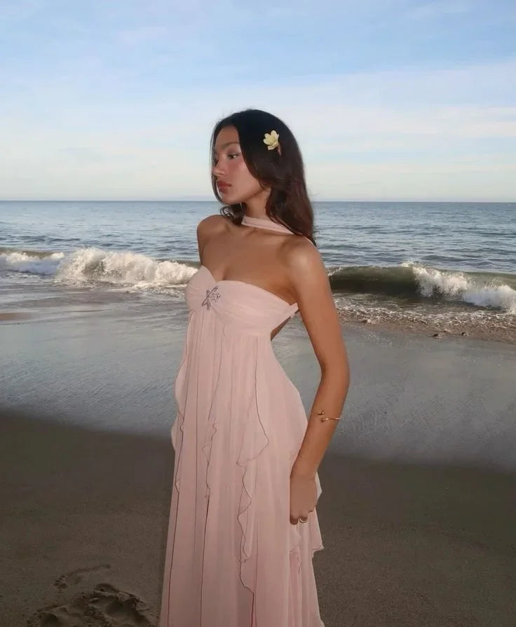 Vestido largo mujer sin tirantes con detalles florales