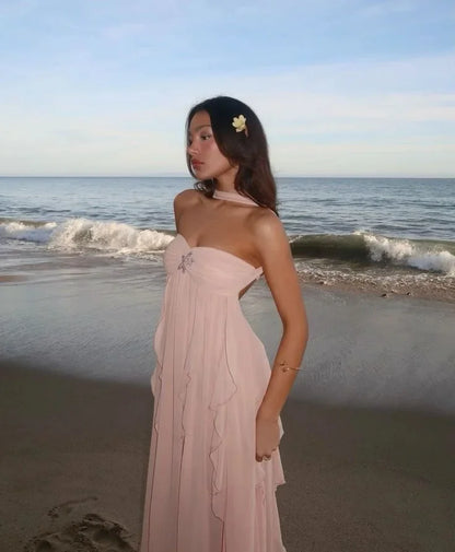 Vestido largo mujer sin tirantes con detalles florales