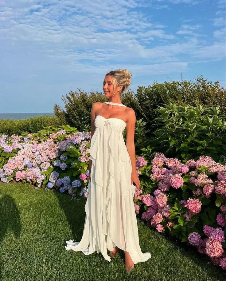 Vestido largo mujer sin tirantes con detalles florales