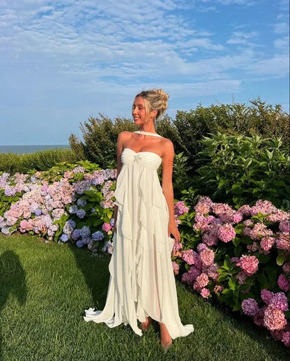 Vestido largo mujer sin tirantes con detalles florales