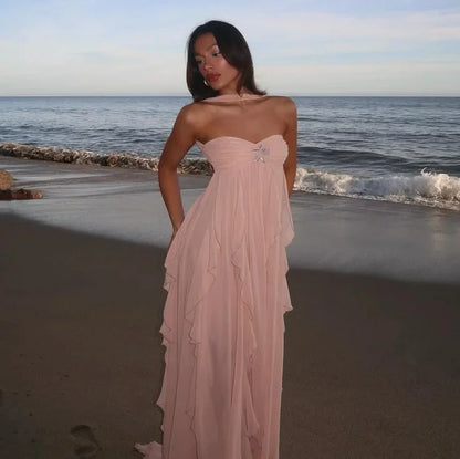 Vestido largo mujer sin tirantes con detalles florales