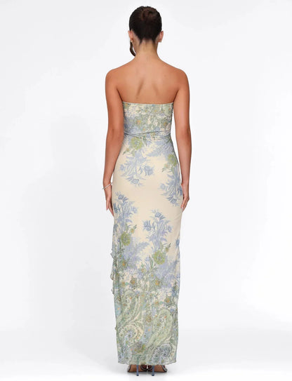 Vestido largo sin tirantes con estampado floral y abertura