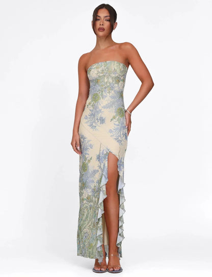 Vestido largo sin tirantes con estampado floral y abertura