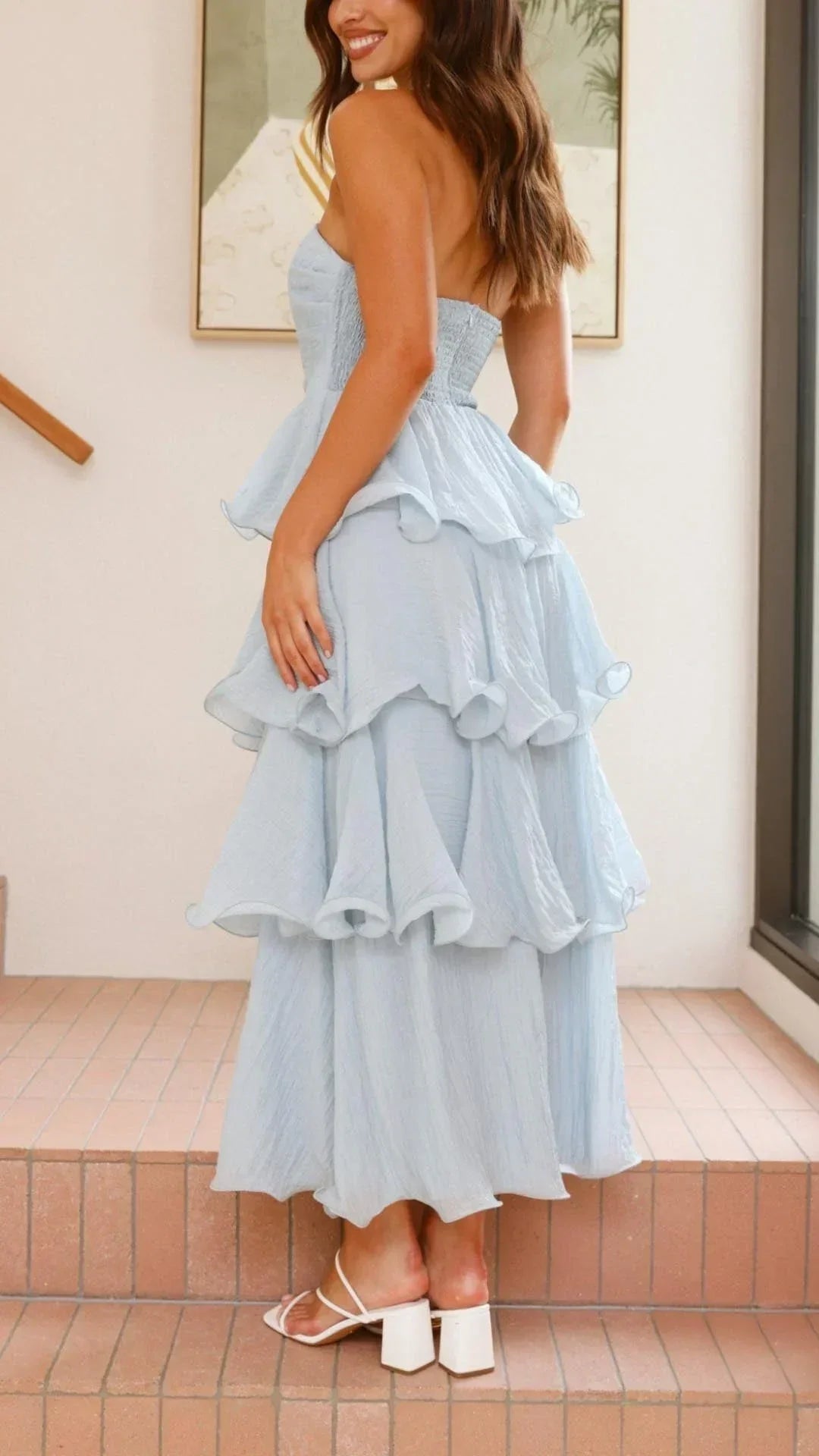 Vestido largo mujer sin tirantes con volantes elegantes