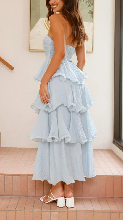 Vestido largo mujer sin tirantes con volantes elegantes