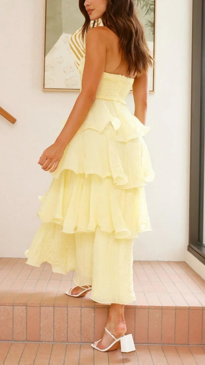 Vestido largo mujer sin tirantes con volantes elegantes