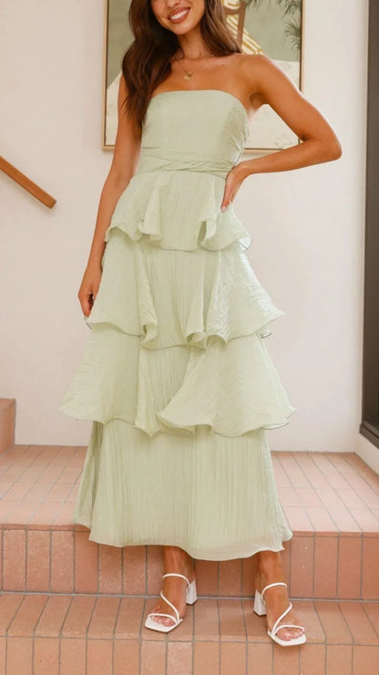 Vestido largo mujer sin tirantes con volantes elegantes