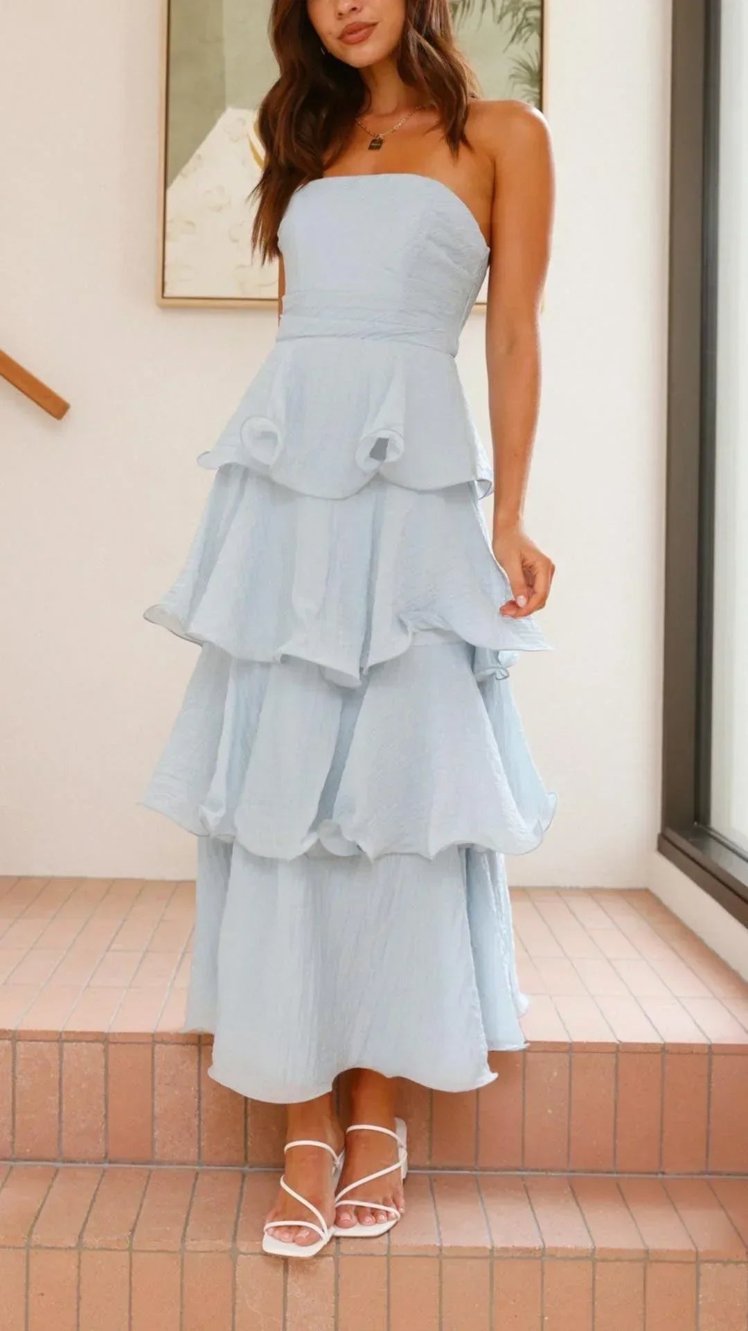 Vestido largo mujer sin tirantes con volantes elegantes