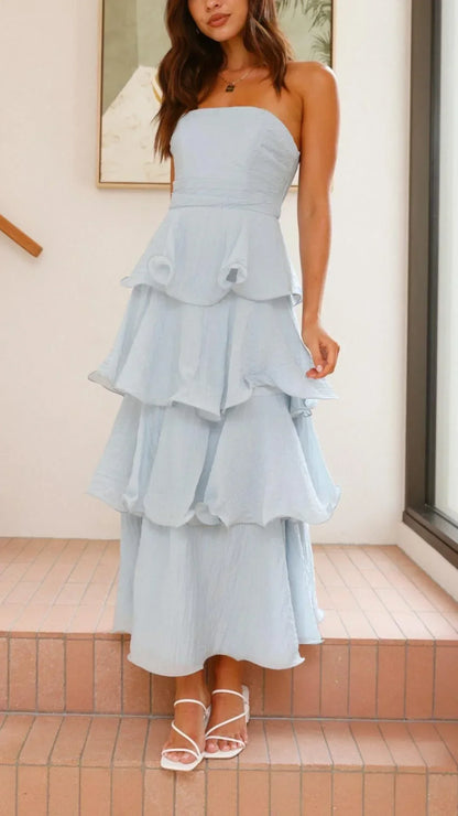 Vestido largo mujer sin tirantes con volantes elegantes