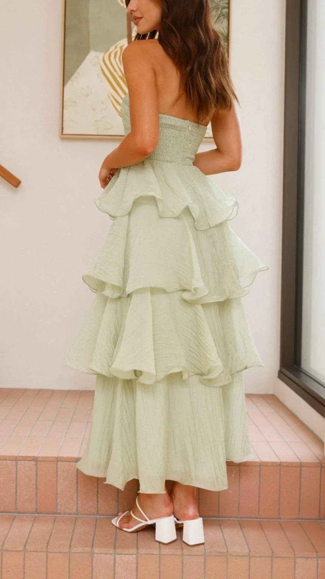 Vestido largo mujer sin tirantes con volantes elegantes