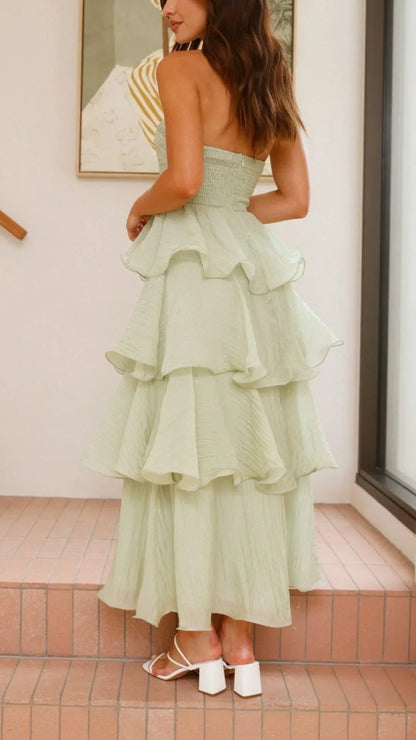 Vestido largo mujer sin tirantes con volantes elegantes