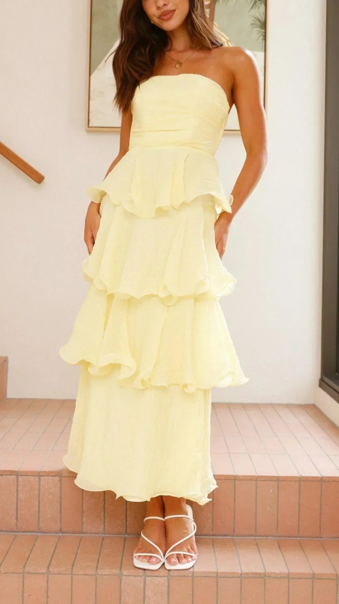Vestido largo mujer sin tirantes con volantes elegantes