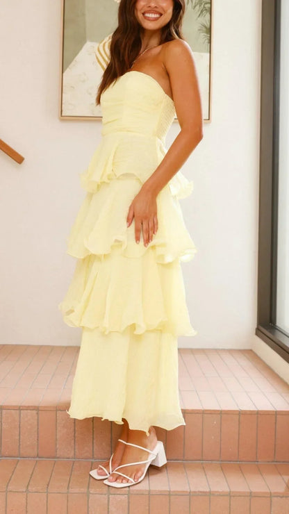 Vestido largo mujer sin tirantes con volantes elegantes