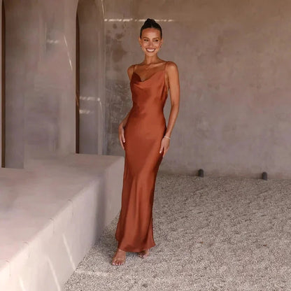 Vestido largo mujer satinado con cuello tipo cascada sin mangas