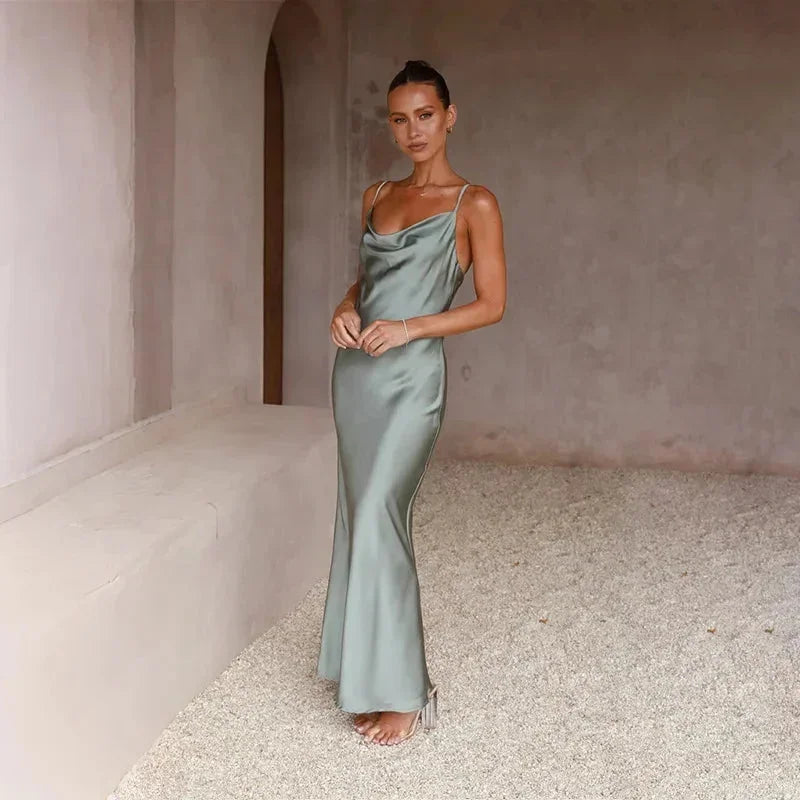 Vestido largo mujer satinado con cuello tipo cascada sin mangas