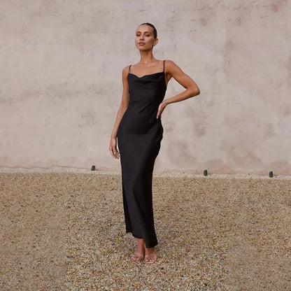 Vestido largo mujer satinado con cuello tipo cascada sin mangas