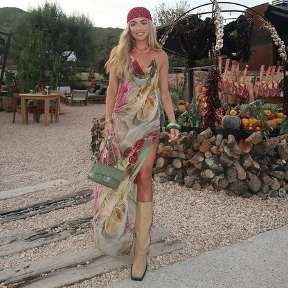 Vestido largo mujer floreado multicolor con abertura y escote en V verano