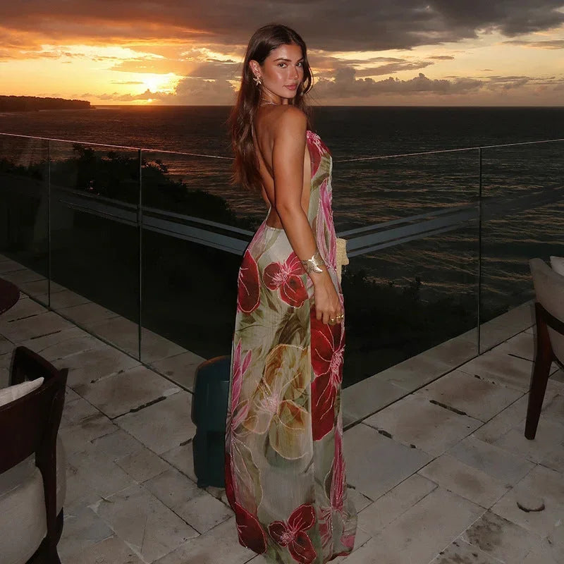 Vestido largo mujer floreado multicolor con abertura y escote en V verano
