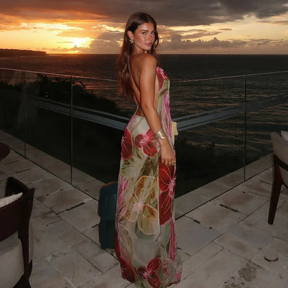 Vestido largo mujer floreado multicolor con abertura y escote en V verano
