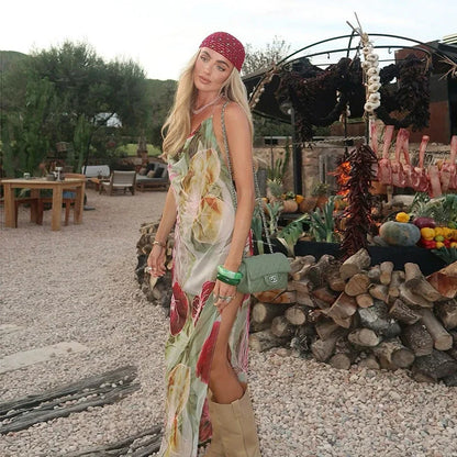 Vestido largo mujer floreado multicolor con abertura y escote en V verano