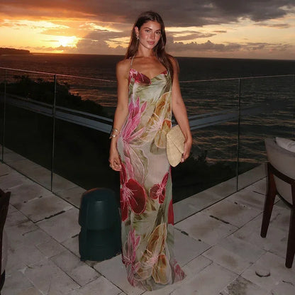 Vestido largo mujer floreado multicolor con abertura y escote en V verano