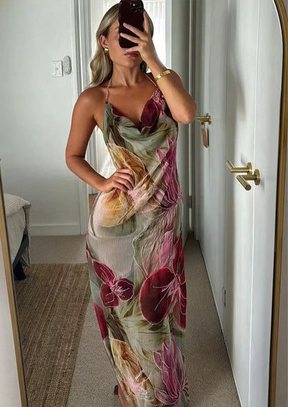 Vestido largo mujer floreado multicolor con abertura y escote en V verano