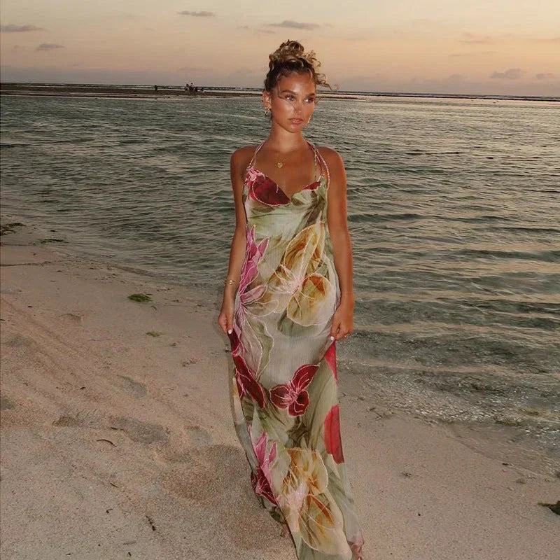 Vestido largo mujer floreado multicolor con abertura y escote en V verano