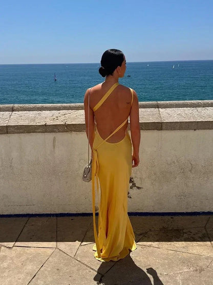 Vestido largo satinado tirantes finos espalda abierta mujer