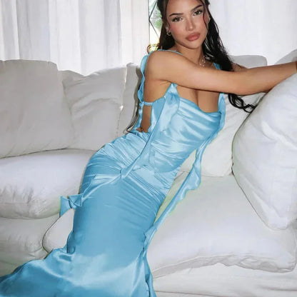 Vestido largo mujer con cuello tipo cascada espalda abierta con lazos